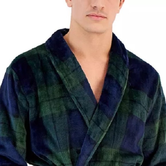 new Sz L/XL Club Room Men's Super-Soft Pajama Robe in EMERALD GREEN BLUE TARTAN - Picture 4 of 6